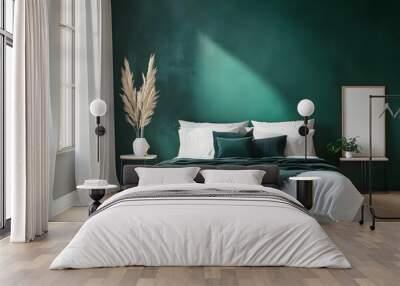 Contemporary bedroom interior with bed and green wall and mockup poster with copy space.  Wall mural